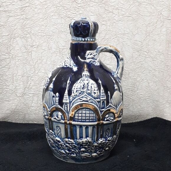 Vintage Jug Decanter Music Box With Stopper Plays "How Dry I Am" In Cobalt Blue - Picture 1 of 6